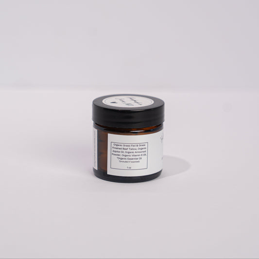 Small jar with a label on a white background - Organic whipped tallow body butter