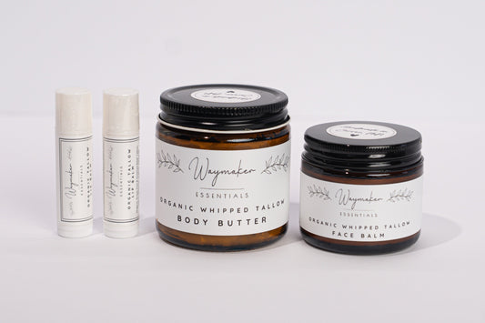 Three skincare products on a white background - organic tallow bundle