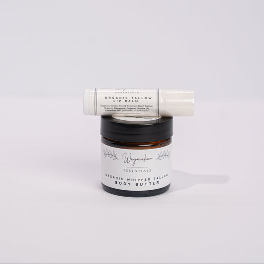 Two skincare products, a jar and a tube, on a light gray background - Tallow balm